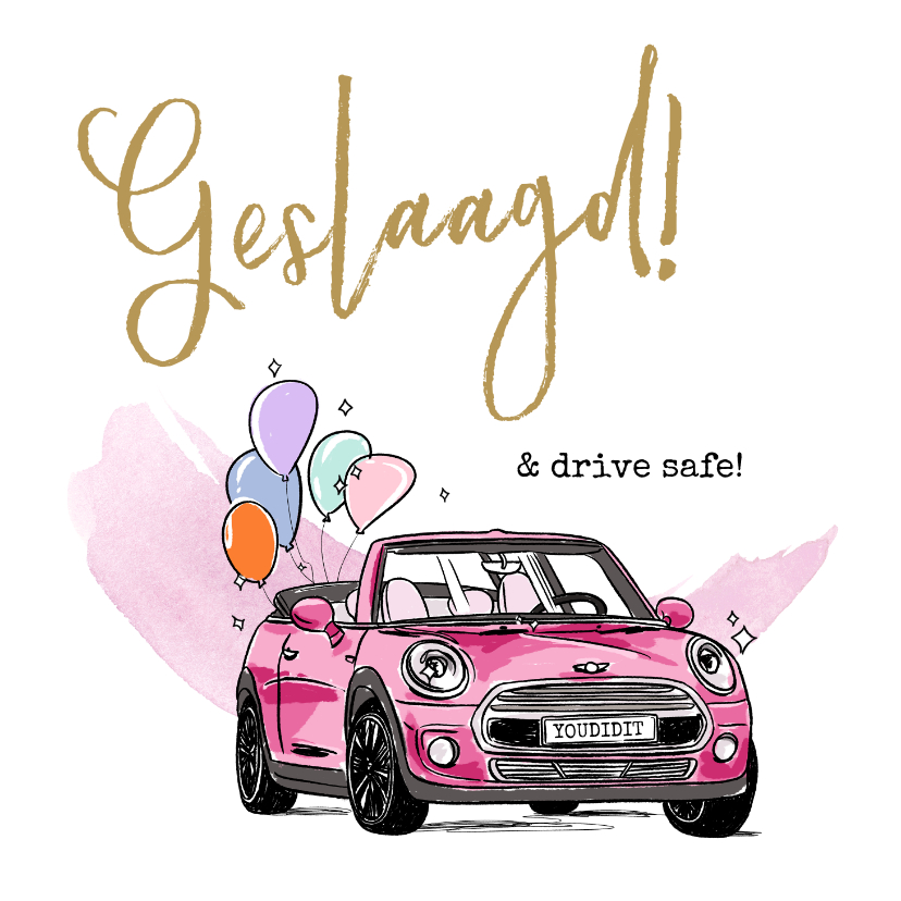 Geslaagd kaarten - Felicitatiekaart geslaagd rijbewijs met roze auto