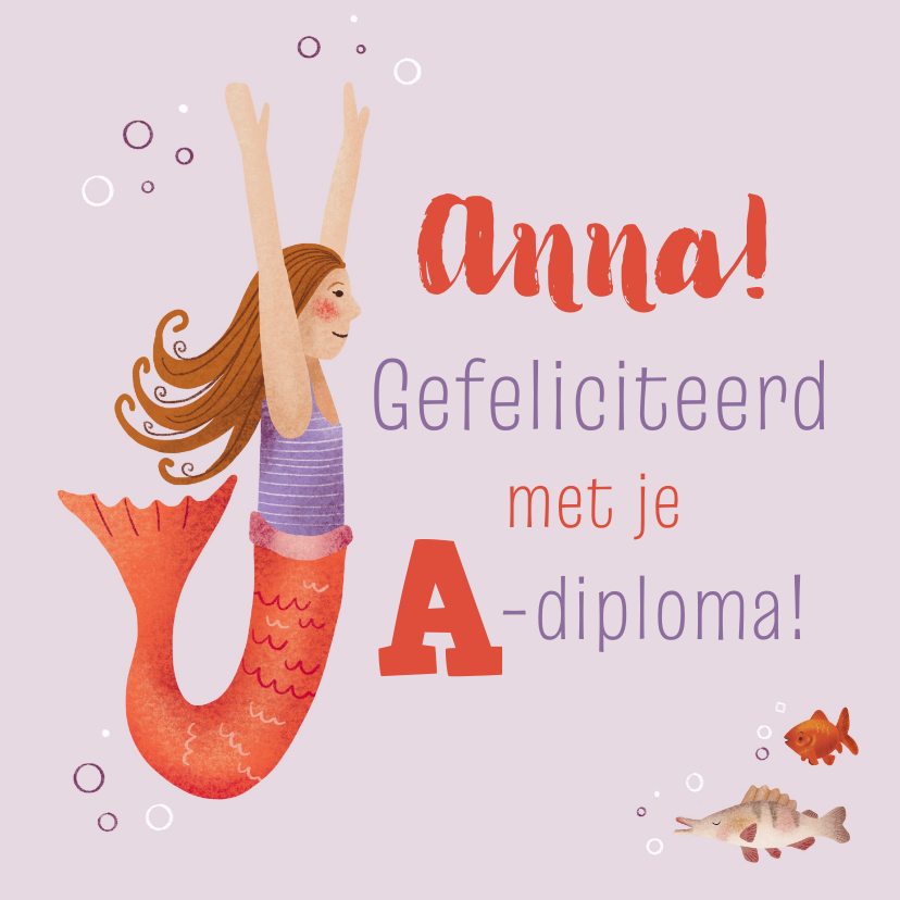 Geslaagd kaarten - Felicitatiekaart voor zwemdiploma met zeemeermin en visjes