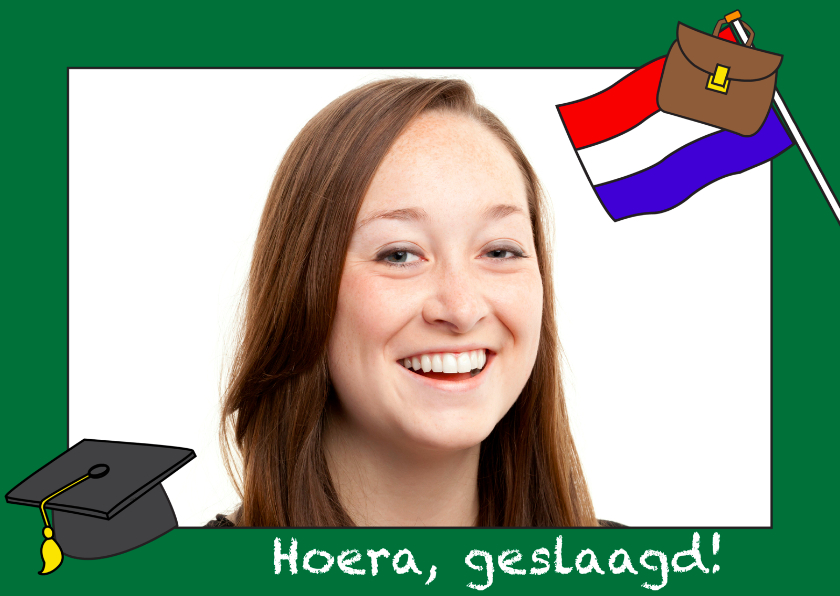 Fotokaart geslaagd met hoed en vlag - Geslaagd kaarten Geslaagd kaarten - Fotokaart geslaagd met hoed en vlag