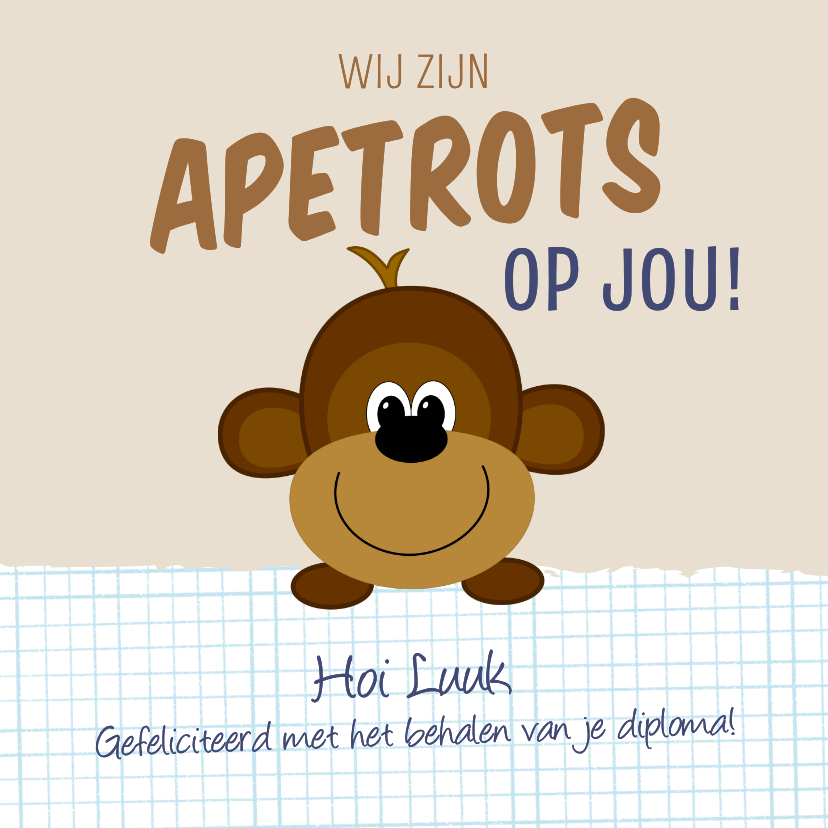 Geslaagd apetrots op jou met aapje en ruitjes - Geslaagd kaarten Geslaagd kaarten - Geslaagd apetrots op jou met aapje en ruitjes
