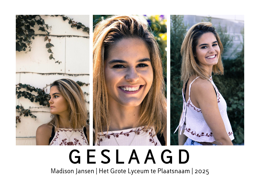 Geslaagd kaarten - Geslaagd drie foto's modern