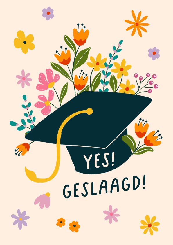 Geslaagd kaarten - Geslaagd kaart met bloemen uit afstudeerhoed