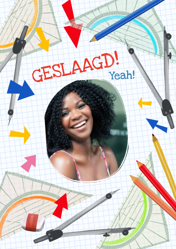 Geslaagd-kaart met foto en schoolspullen - Geslaagd kaarten Geslaagd kaarten - Geslaagd-kaart met foto en schoolspullen