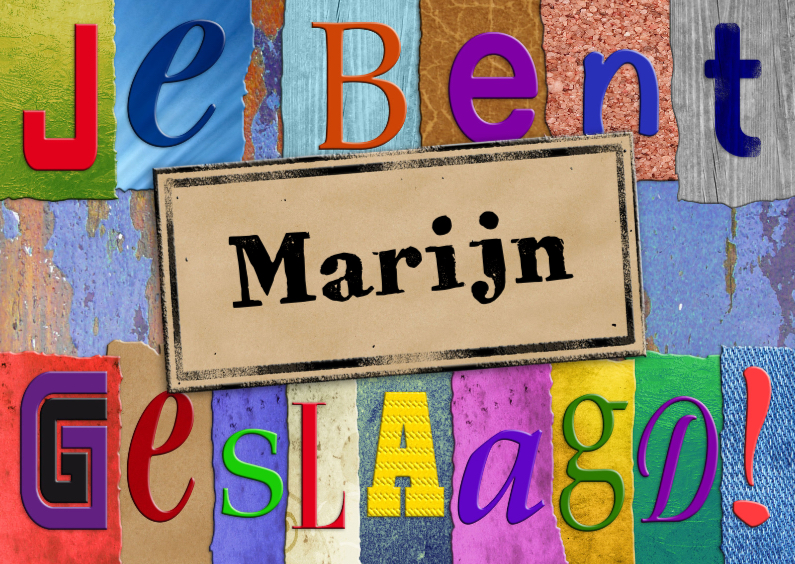 Geslaagd kaart met losse letters op gekleurde vlakjes - Geslaagd kaarten Geslaagd kaarten - Geslaagd kaart met losse letters op gekleurde vlakjes