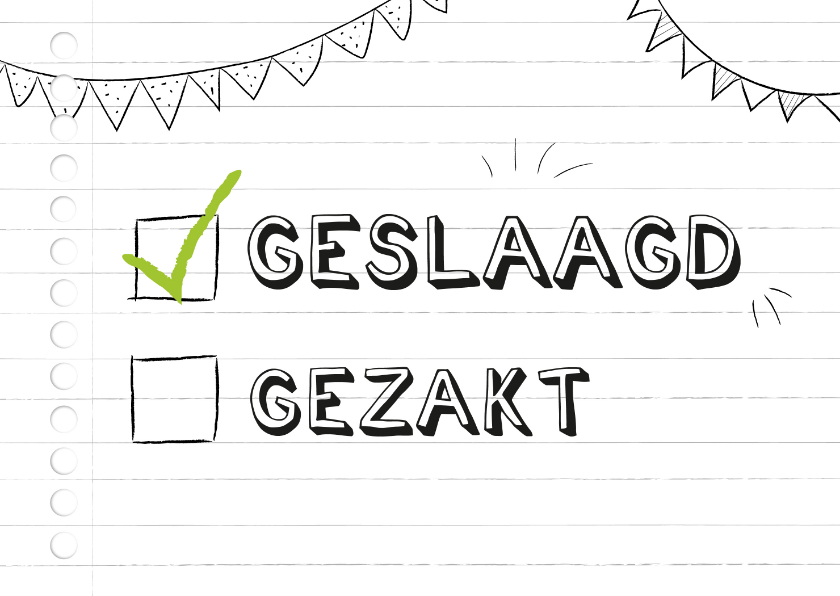 Geslaagd kaarten - Geslaagd kaart met vinkje bij geslaagd op gestreept papier