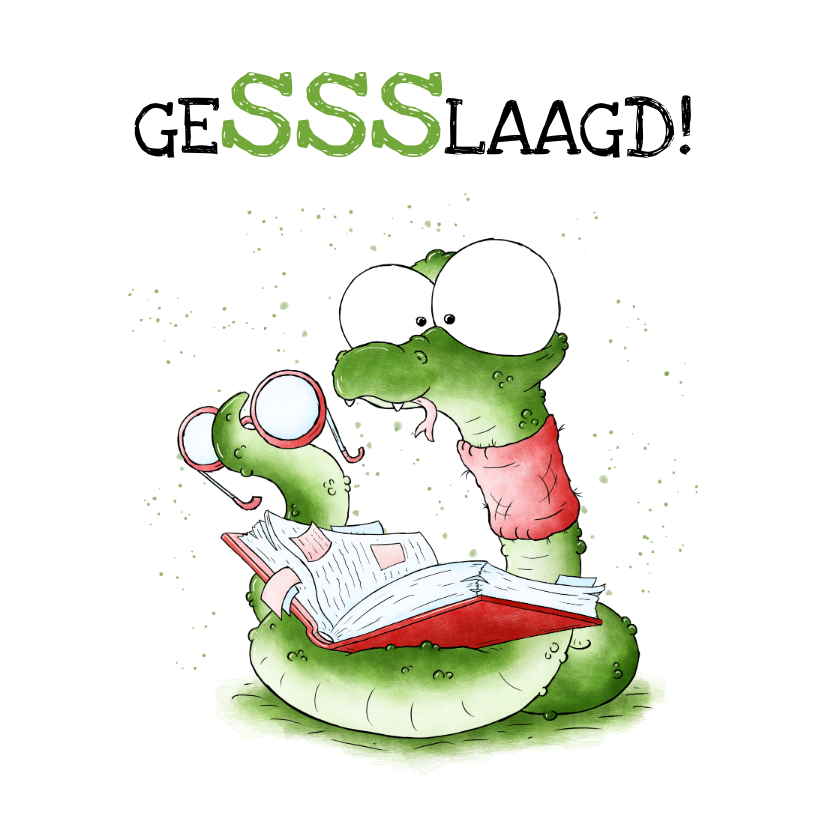 Geslaagd kaarten - Geslaagd kaart slang met boek - Gessslaagd!