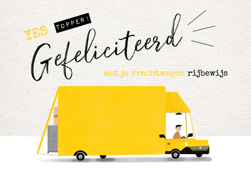 Geslaagd kaarten - Geslaagd kaart vrachtwagen rijbewijs gele bus en typografie
