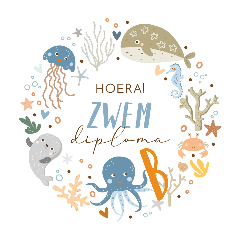 Geslaagd kaarten - Geslaagd voor zwemdiploma B met zeedieren