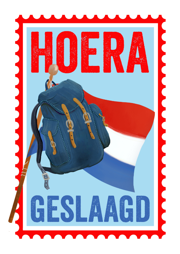 Geslaagdkaart in postzegel met een vlag en een rugzak - Geslaagd kaarten Geslaagd kaarten - Geslaagdkaart in postzegel met een vlag en een rugzak