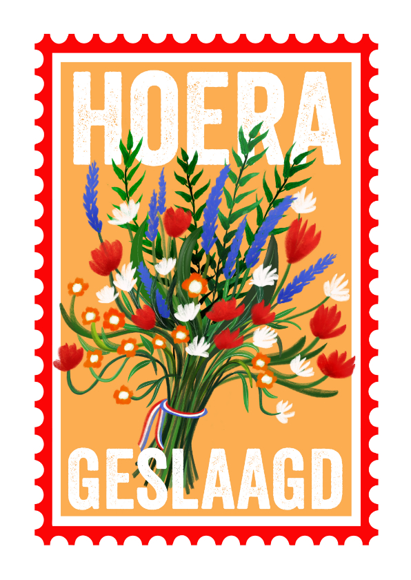 Geslaagdkaart in postzegelvorm met rood-wit-blauwe bloemen - Geslaagd kaarten Geslaagd kaarten - Geslaagdkaart in postzegelvorm met rood-wit-blauwe bloemen
