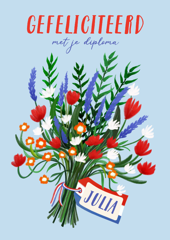 Geslaagdkaart met naamkaartje en boeket in rood-wit-blauw - Geslaagd kaarten Geslaagd kaarten - Geslaagdkaart met naamkaartje en boeket in rood-wit-blauw