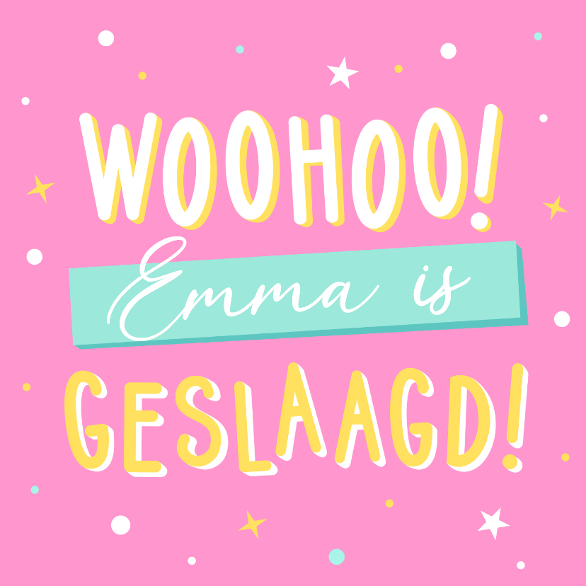 Hippe roze geslaagd kaart met naam er op - Woohoo geslaagd! - Geslaagd kaarten Geslaagd kaarten - Hippe roze geslaagd kaart met naam er op - Woohoo geslaagd!
