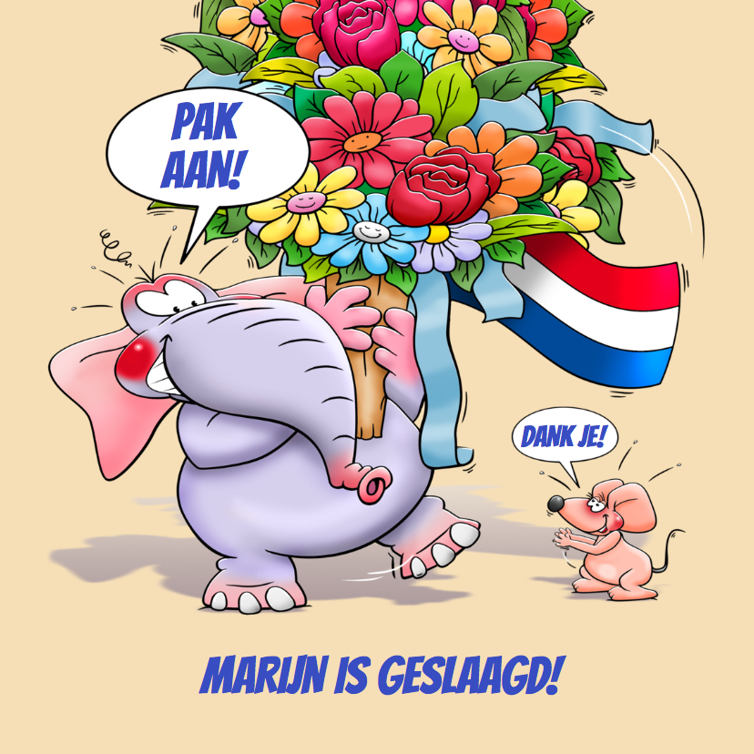 Geslaagd kaarten - Leuke geslaagd kaart olifant met bos bloemen en klein muisje