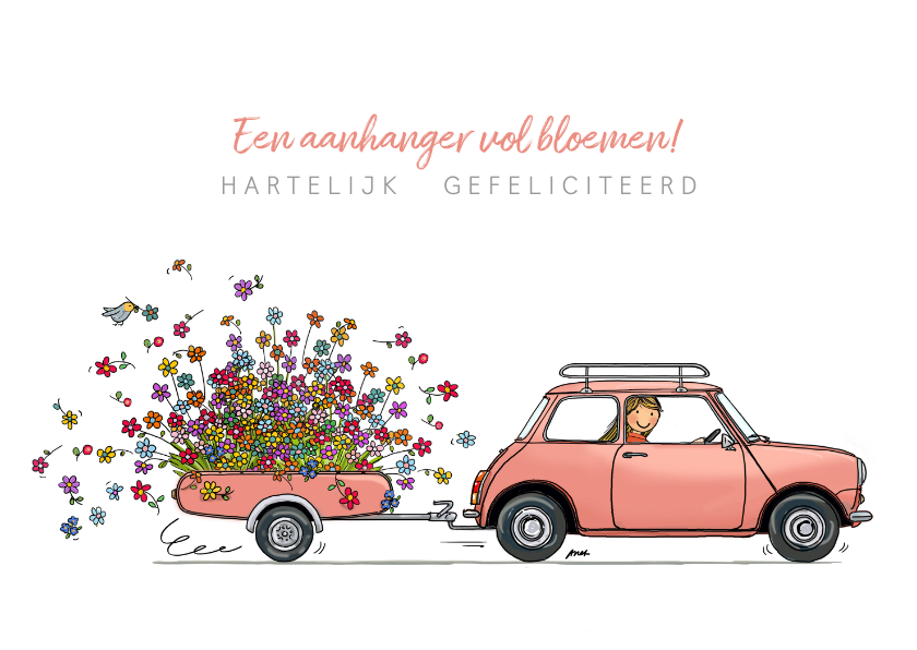 Geslaagd kaarten - Roze Mini cooper met bloemen