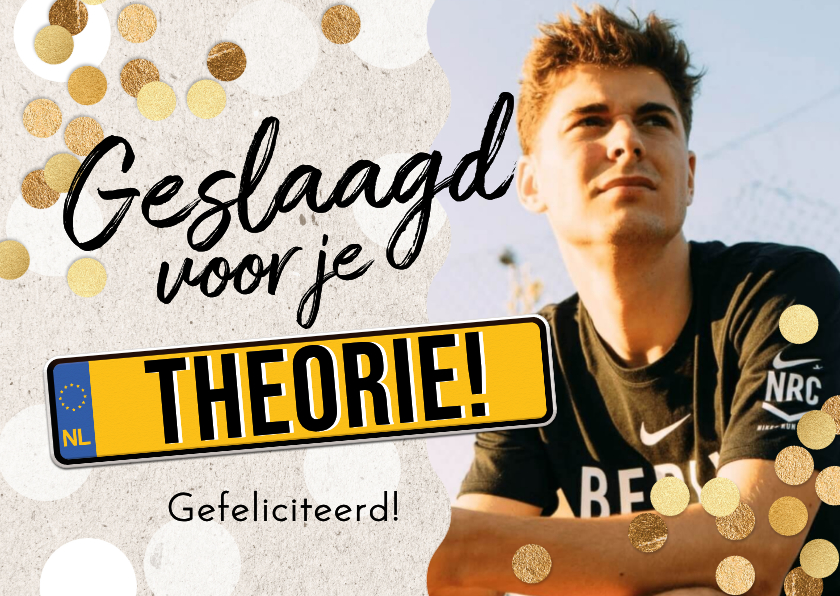 Geslaagd kaarten - Trendy geslaagdkaart theorie examen foto confetti goud