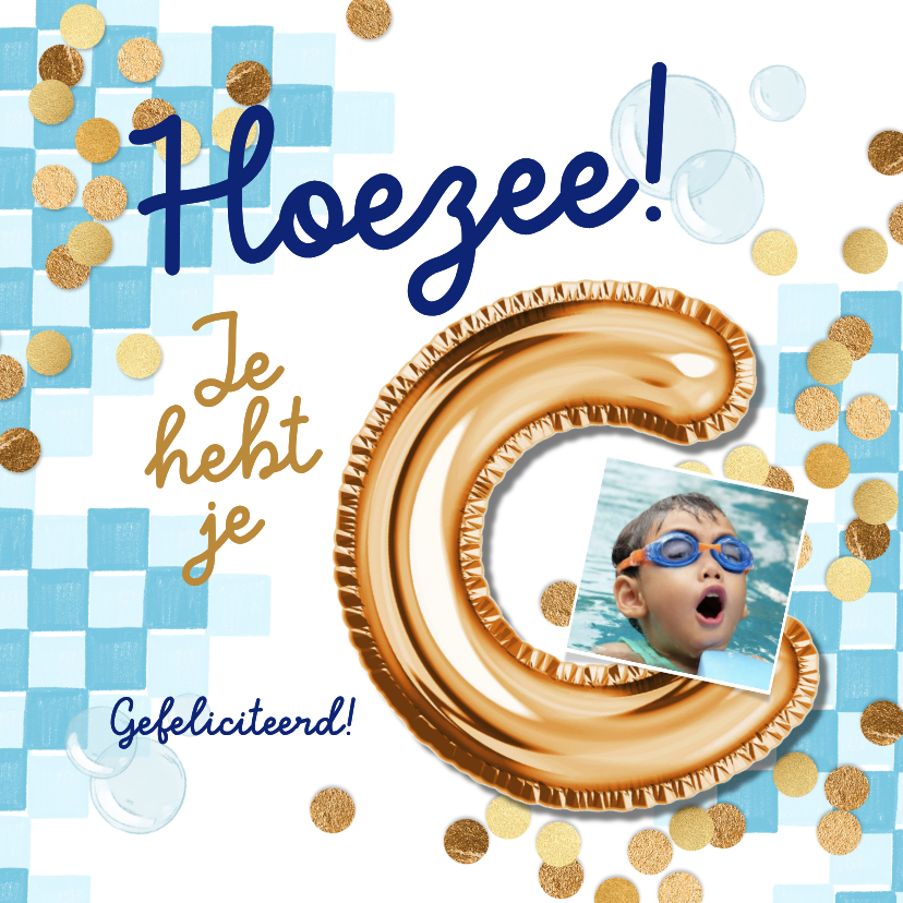 Geslaagd kaarten - Trendy geslaagdkaart zwemdiploma C folieballon goud foto