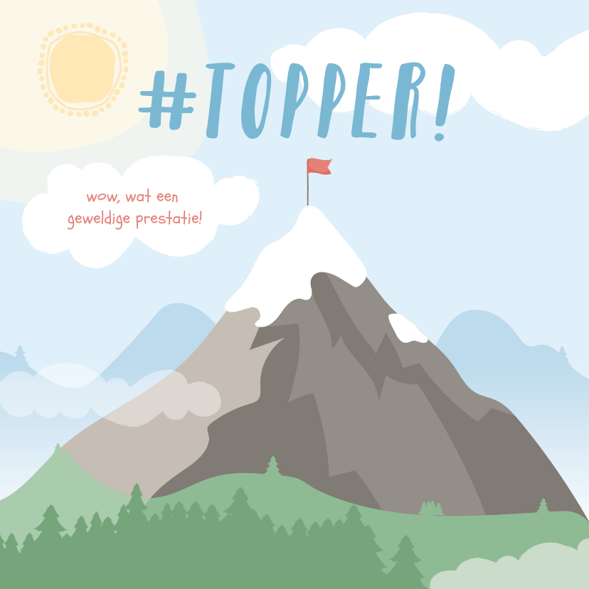 Geslaagd kaarten - Vierkante kaart met grote berg met een vlag erop #topper