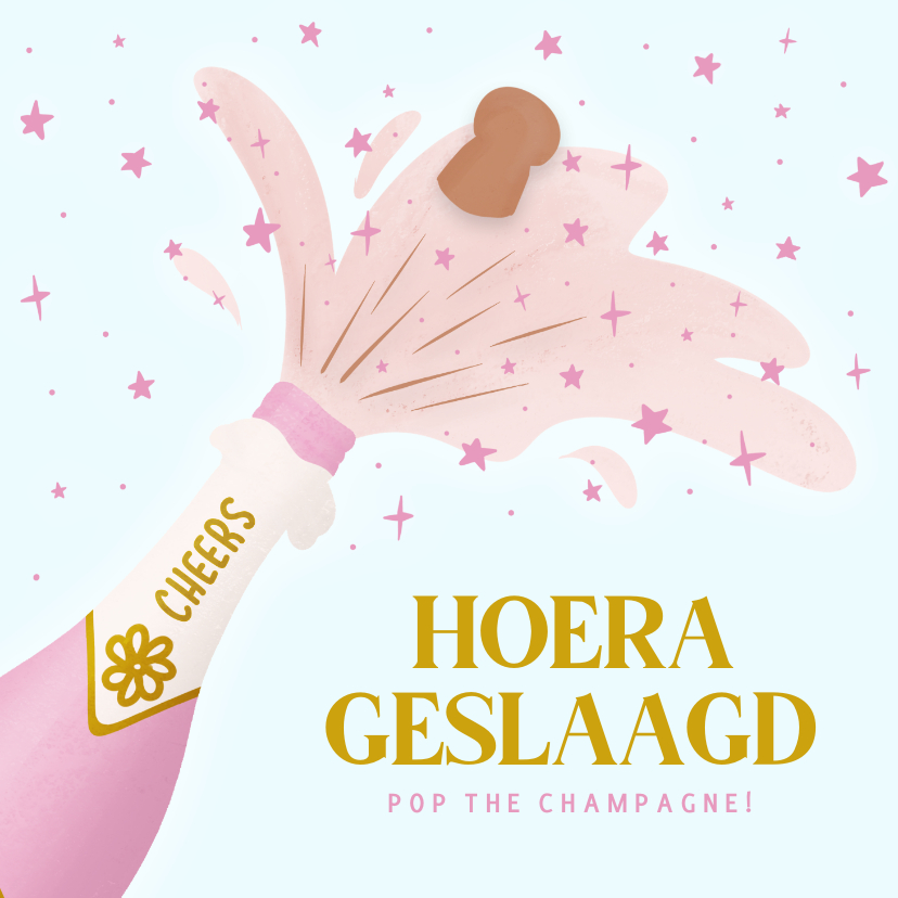 Geslaagd kaarten - Vrolijke geslaagdkaart met champagnefles cheers