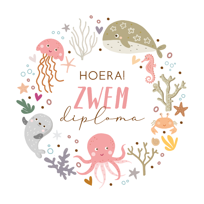Geslaagd kaarten - Zwemdiploma voor meisje zeedieren in krans