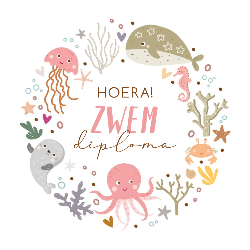 Geslaagd kaarten - Zwemdiploma voor meisje zeedieren in krans