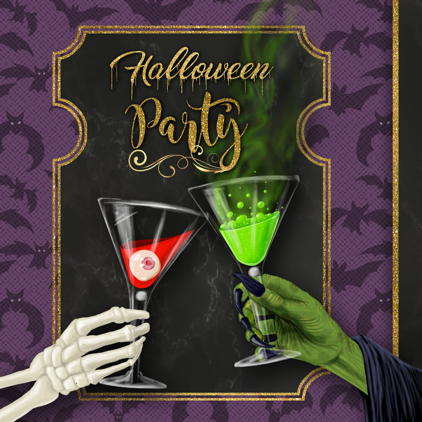 Halloween uitnodiging skelet en heks proosten - Halloween kaarten Halloween kaarten - Halloween uitnodiging skelet en heks proosten