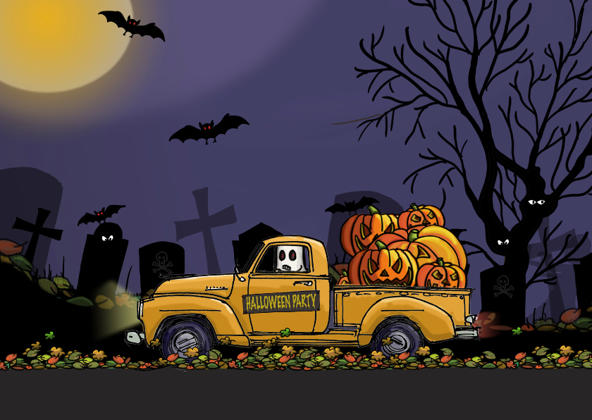 Halloweenkaart auto met pompoen - Halloween kaarten Halloween kaarten - Halloweenkaart auto met pompoen