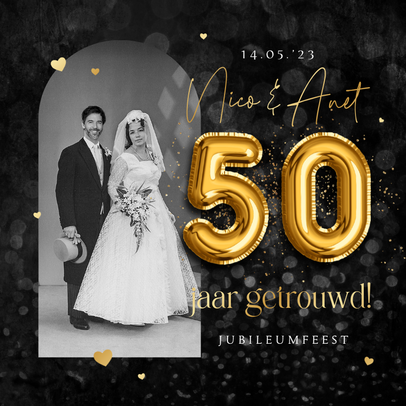 50 jaar getrouwd jubileumfeest goud krijtbord hartjes foto - Jubileumkaarten Jubileumkaarten - 50 jaar getrouwd jubileumfeest goud krijtbord hartjes foto