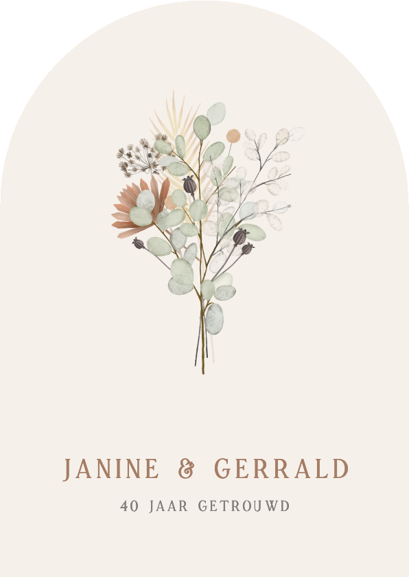 Boogvormige uitnodiging huwelijksjubileum met droogbloemen - Jubileumkaarten Jubileumkaarten - Boogvormige uitnodiging huwelijksjubileum met droogbloemen