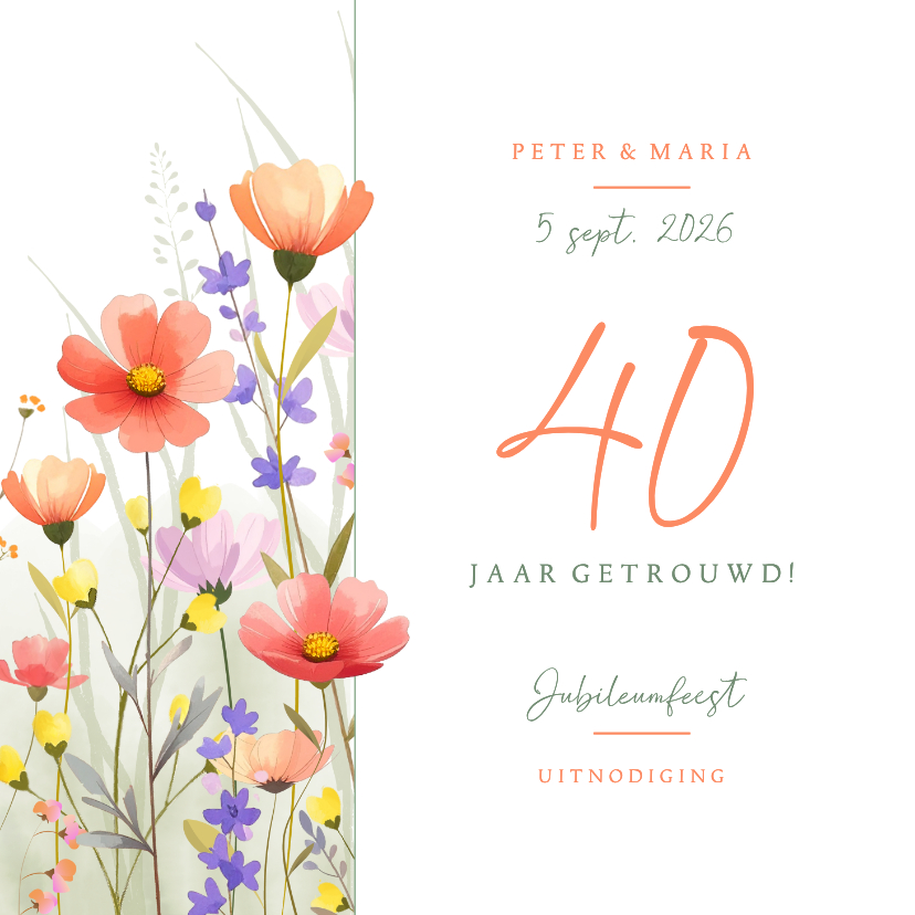 Jubileumkaarten - Botanische jubileumkaart met aquarel gemengde wilde bloemen