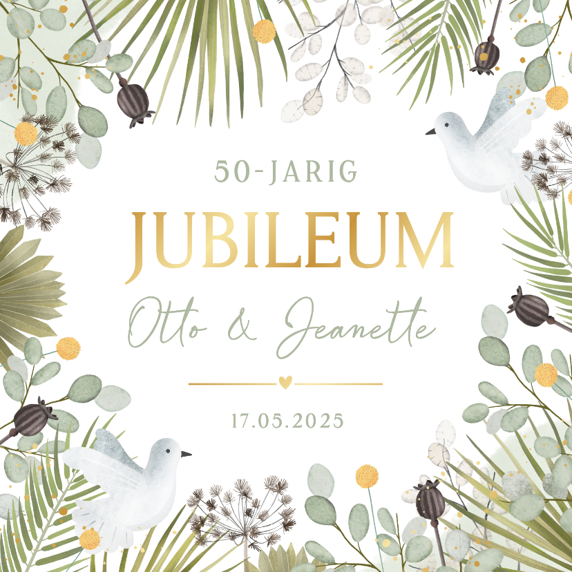 Botanische uitnodiging 50-jarig jubileum met duifjes - Jubileumkaarten Jubileumkaarten - Botanische uitnodiging 50-jarig jubileum met duifjes