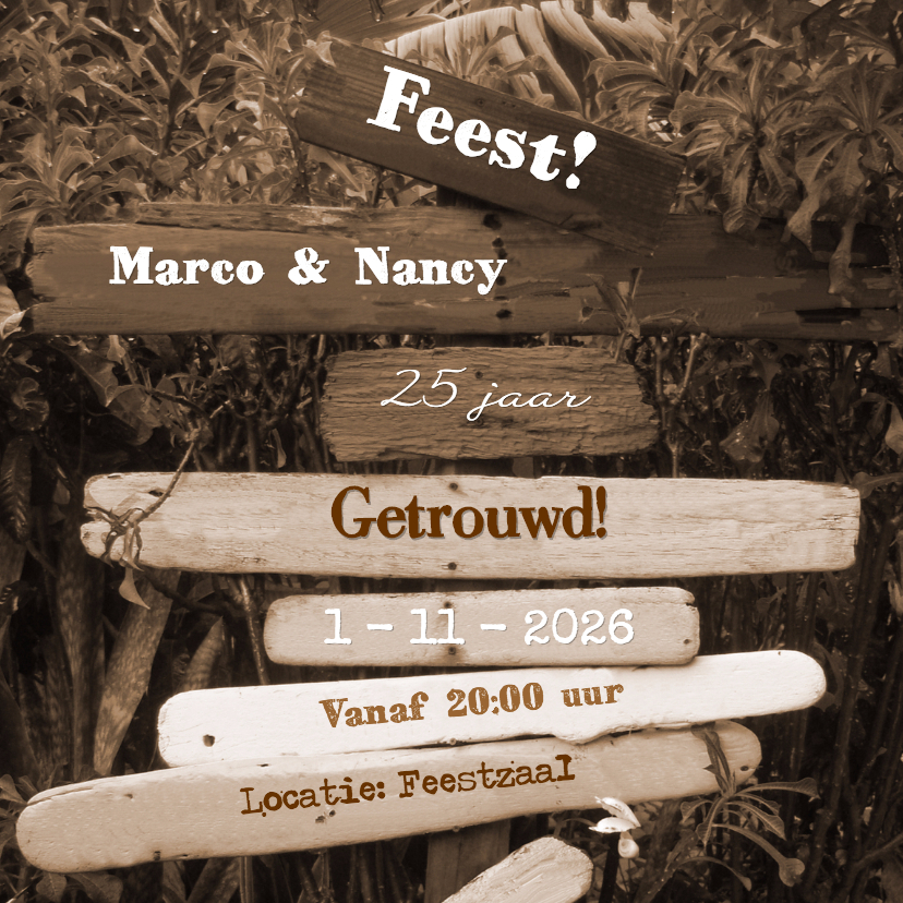 FEEST paal met drijfhout SEPIA - Jubileumkaarten Jubileumkaarten - FEEST paal met drijfhout SEPIA