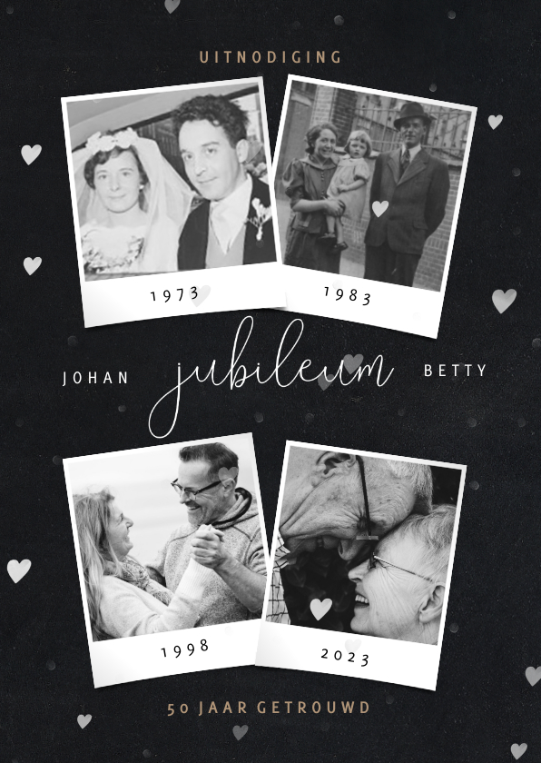 Huwelijksjubileum fotocollage en hartjes - Jubileumkaarten Jubileumkaarten - Huwelijksjubileum fotocollage en hartjes