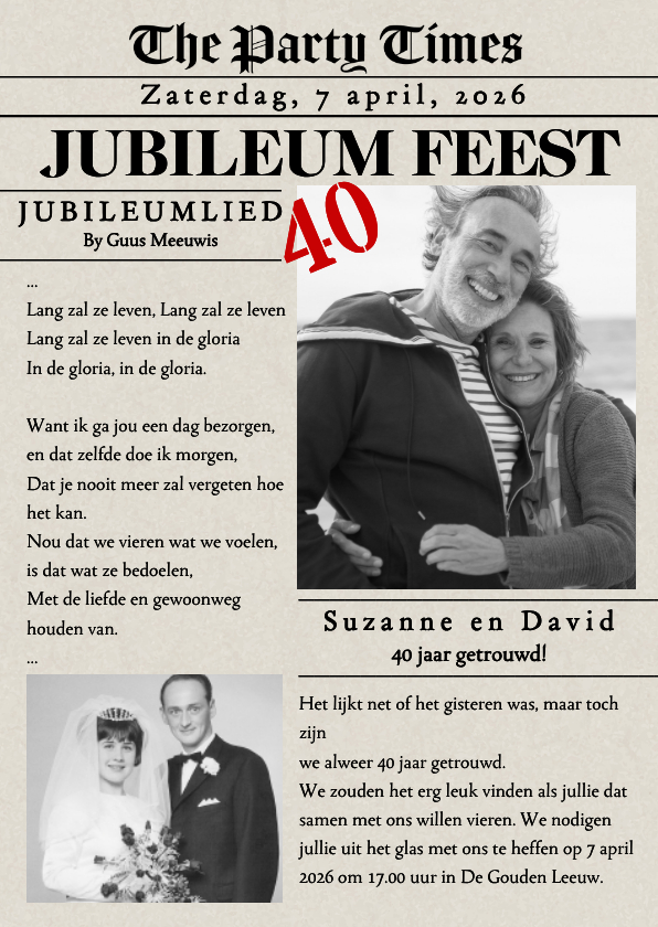 Jubileumkaarten - Huwelijksjubileum krant Foto 40 Jaar