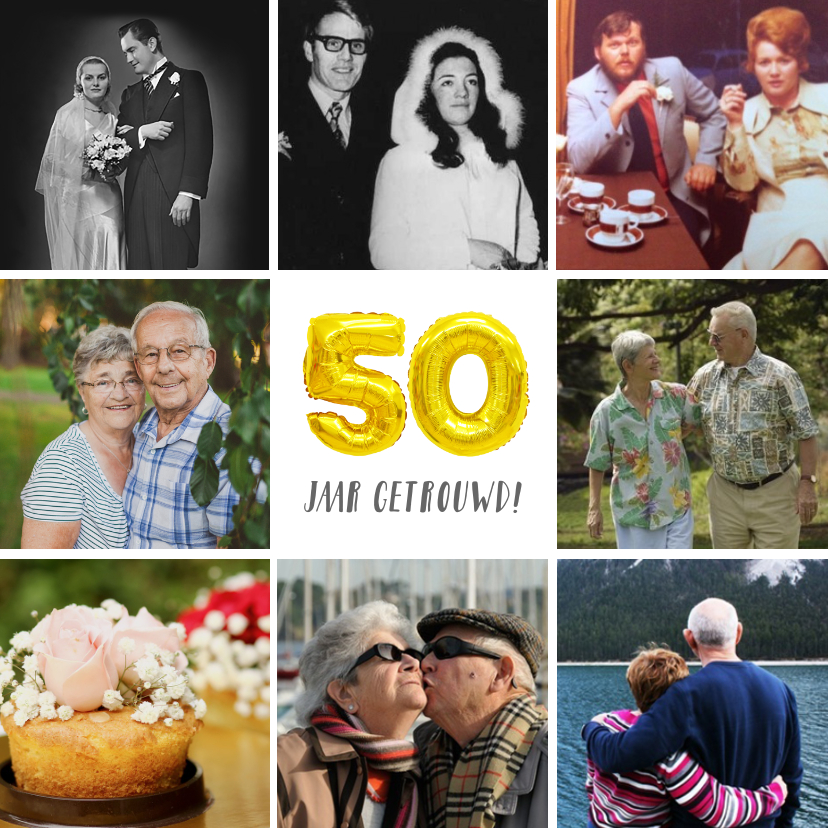 Jubileumkaarten - Huwelijksjubileum uitnodiging fotocollage 50 jaar getrouwd