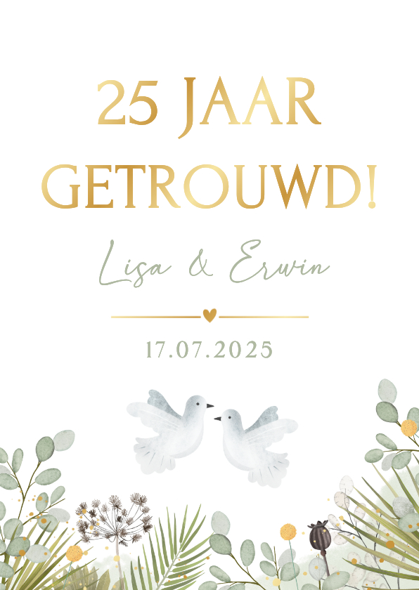 Huwelijksjubileum uitnodiging met duifjes 25 jaar getrouwd - Jubileumkaarten Jubileumkaarten - Huwelijksjubileum uitnodiging met duifjes 25 jaar getrouwd