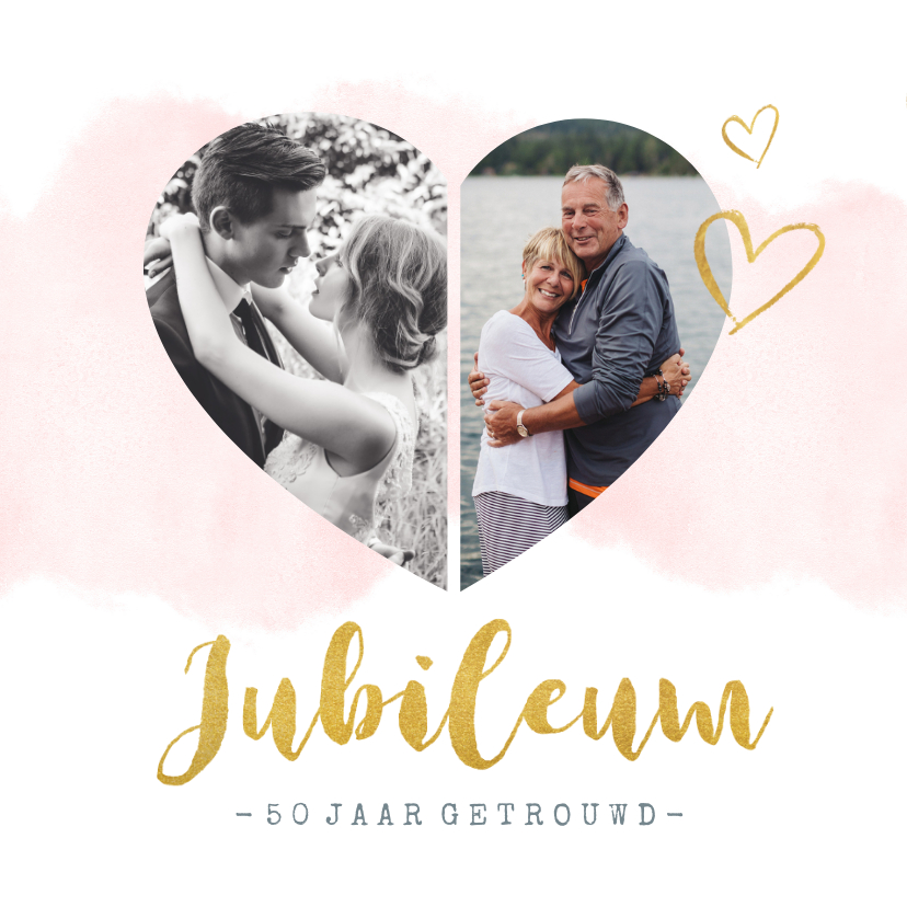 Jubileumkaarten - Huwelijksjubileum uitnodiging met fotohart en gouden letters