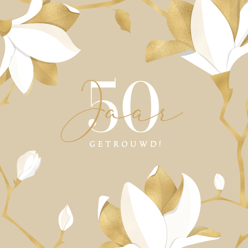Jubileumkaarten - Jubileum botanisch stijlvol zandkleur goud-witte magnolia's