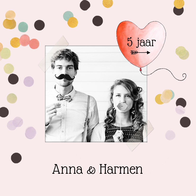 Jubileum kaart roze confetti met hart ballon - Jubileumkaarten Jubileumkaarten - Jubileum kaart roze confetti met hart ballon