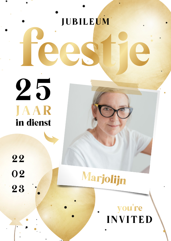 Jubileum medewerker zwart wit goud met ballonnen - Jubileumkaarten Jubileumkaarten - Jubileum medewerker zwart wit goud met ballonnen