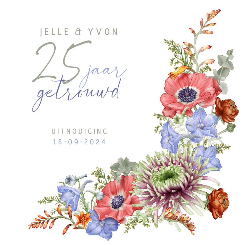 Jubileumkaarten - Jubileum trouwen kaart met stijlvol kleurige bloemen