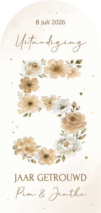 Jubileumkaarten - Jubileum uitnodiging 5 jaar in bloemen beige hoge boog