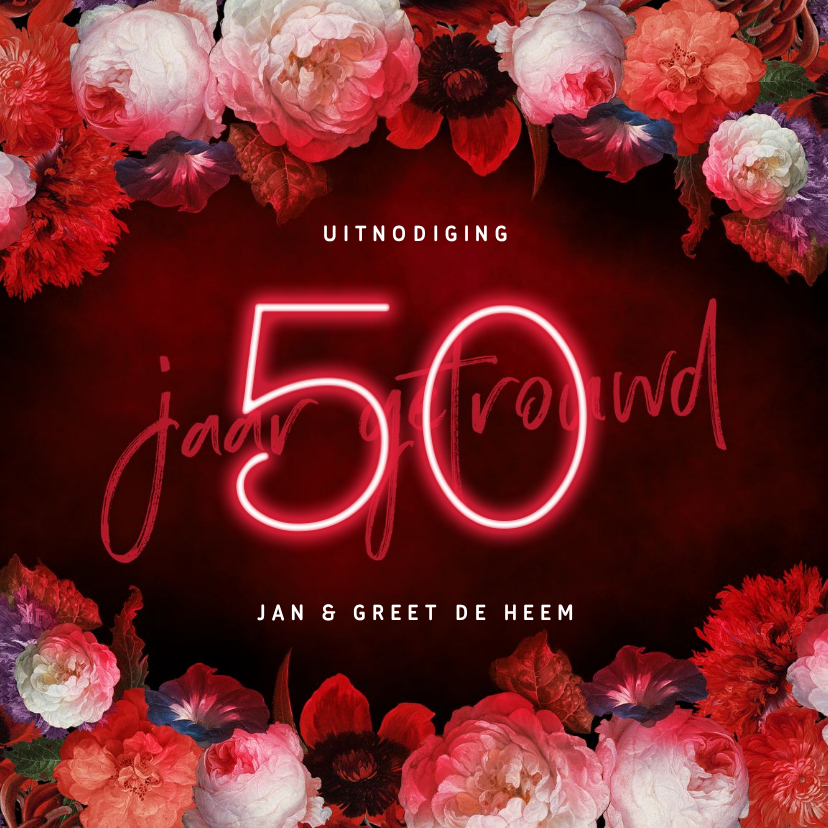 Jubileumkaarten - Jubileum uitnodiging 50 jaar bloemen en neon