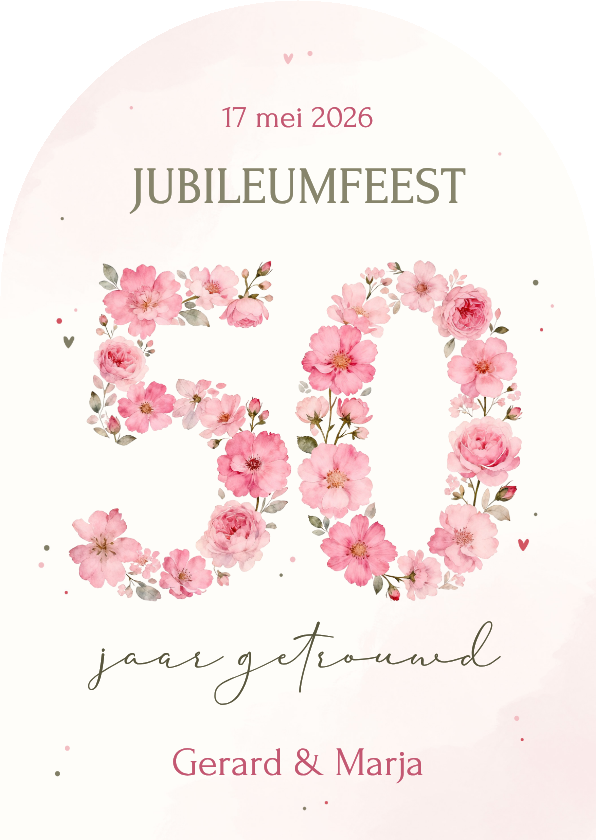 Jubileum uitnodiging 50 jaar getrouwd roze bloemen boogvorm - Jubileumkaarten Jubileumkaarten - Jubileum uitnodiging 50 jaar getrouwd roze bloemen boogvorm