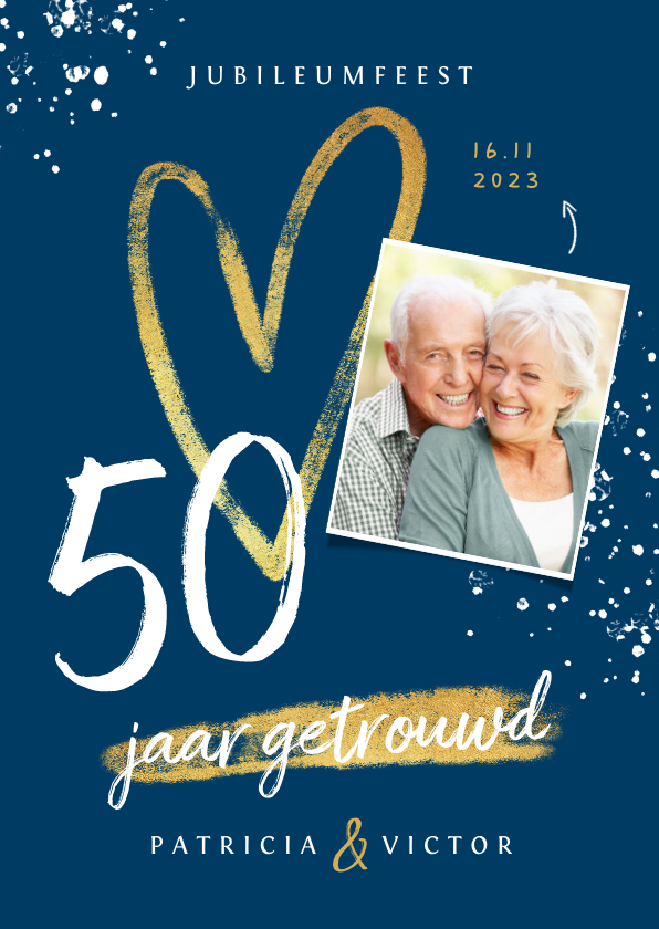 Jubileum uitnodiging 50 jaar goud hart foto's spetters - Jubileumkaarten Jubileumkaarten - Jubileum uitnodiging 50 jaar goud hart foto's spetters