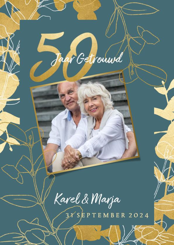 Jubileum uitnodiging '50 jaar' met gouden plantjes en foto's - Jubileumkaarten Jubileumkaarten - Jubileum uitnodiging '50 jaar' met gouden plantjes en foto's