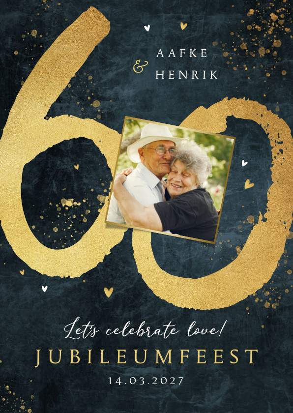 Jubileum uitnodiging 60 jaar getrouwd goud blauw - Jubileumkaarten Jubileumkaarten - Jubileum uitnodiging 60 jaar getrouwd goud blauw