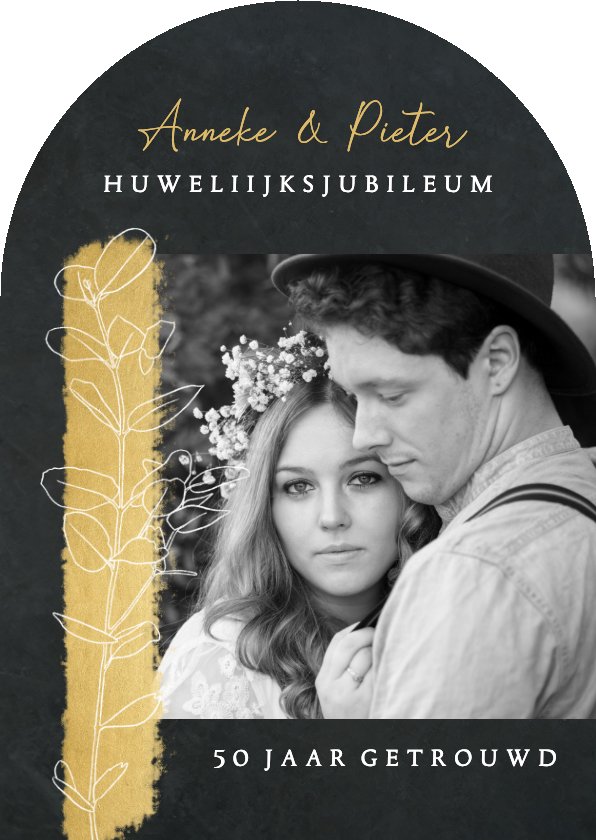 Jubileumkaarten - Jubileum uitnodiging in boog wit takje gouden streep en foto
