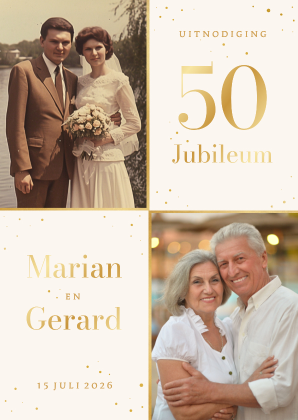 Jubileumkaarten - Jubileum uitnodiging met foto's en gouden spetters 50
