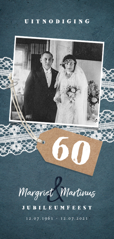 Jubileum uitnodiging vintage met kant, label en foto - Jubileumkaarten Jubileumkaarten - Jubileum uitnodiging vintage met kant, label en foto