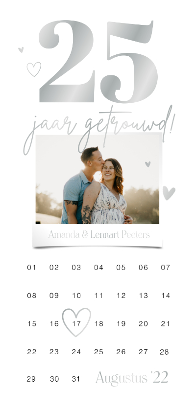 Jubileumfeest 25 jaar getrouwd zilver foto hartjes kalender - Jubileumkaarten Jubileumkaarten - Jubileumfeest 25 jaar getrouwd zilver foto hartjes kalender